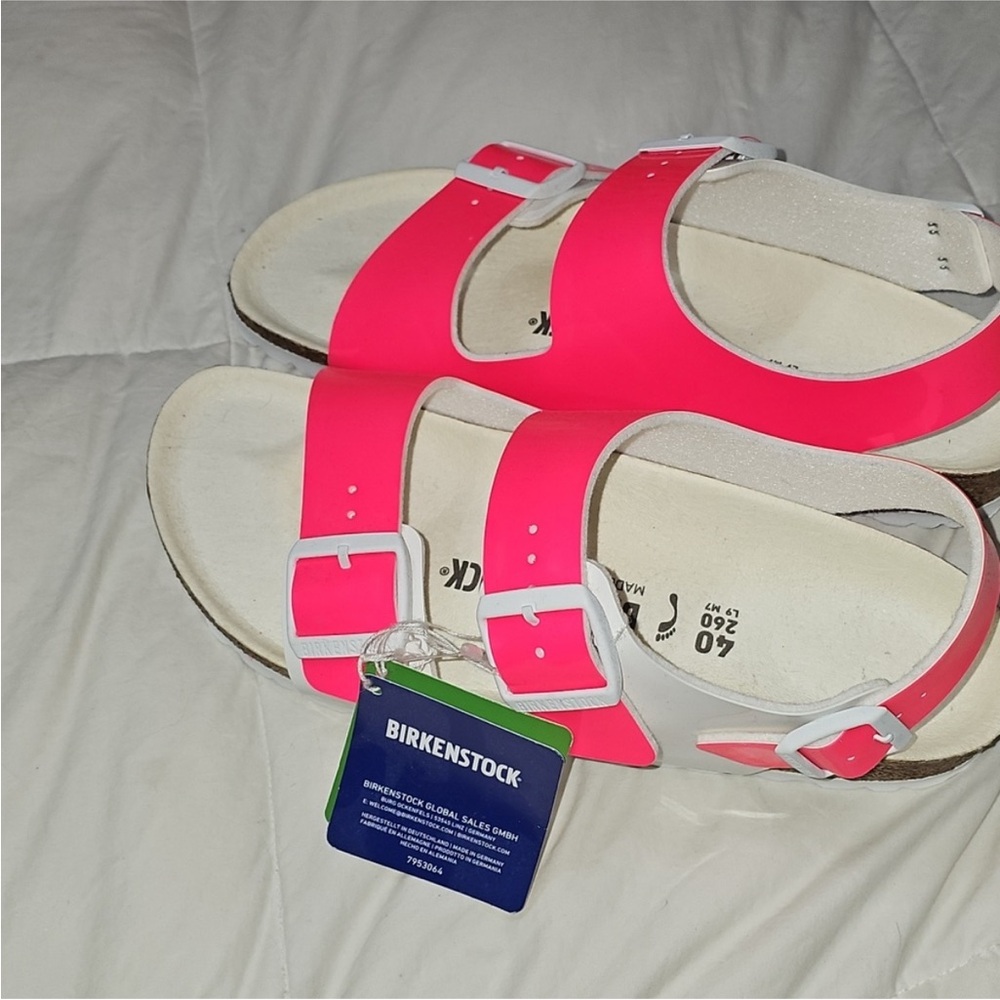 Birkenstock Womens Vegan Sandals L9-M7 40 Hot Pink & White Nwts - Picture 2 of 14